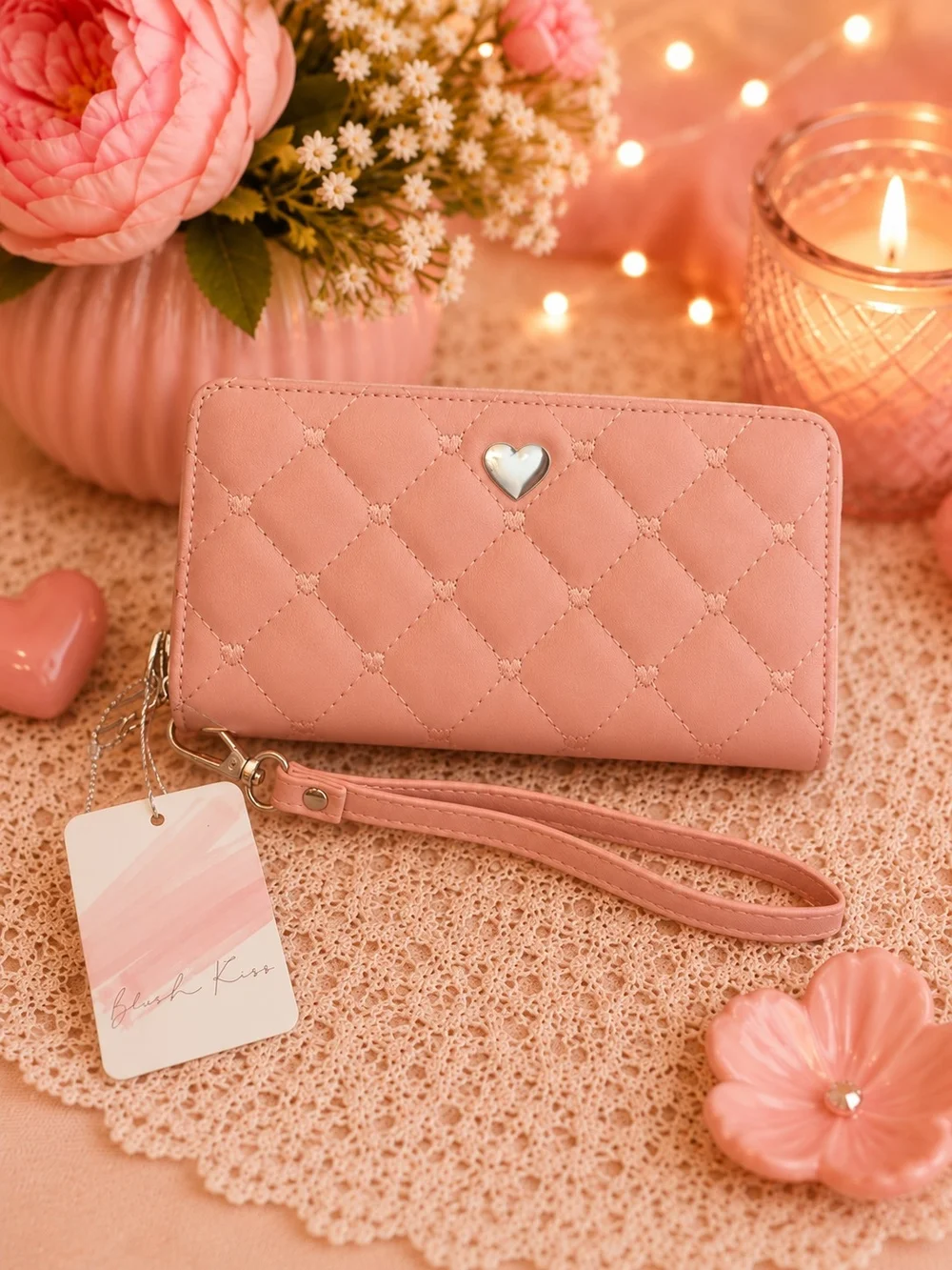 Quilted Heart Wristlet Wallet - Pink NWT